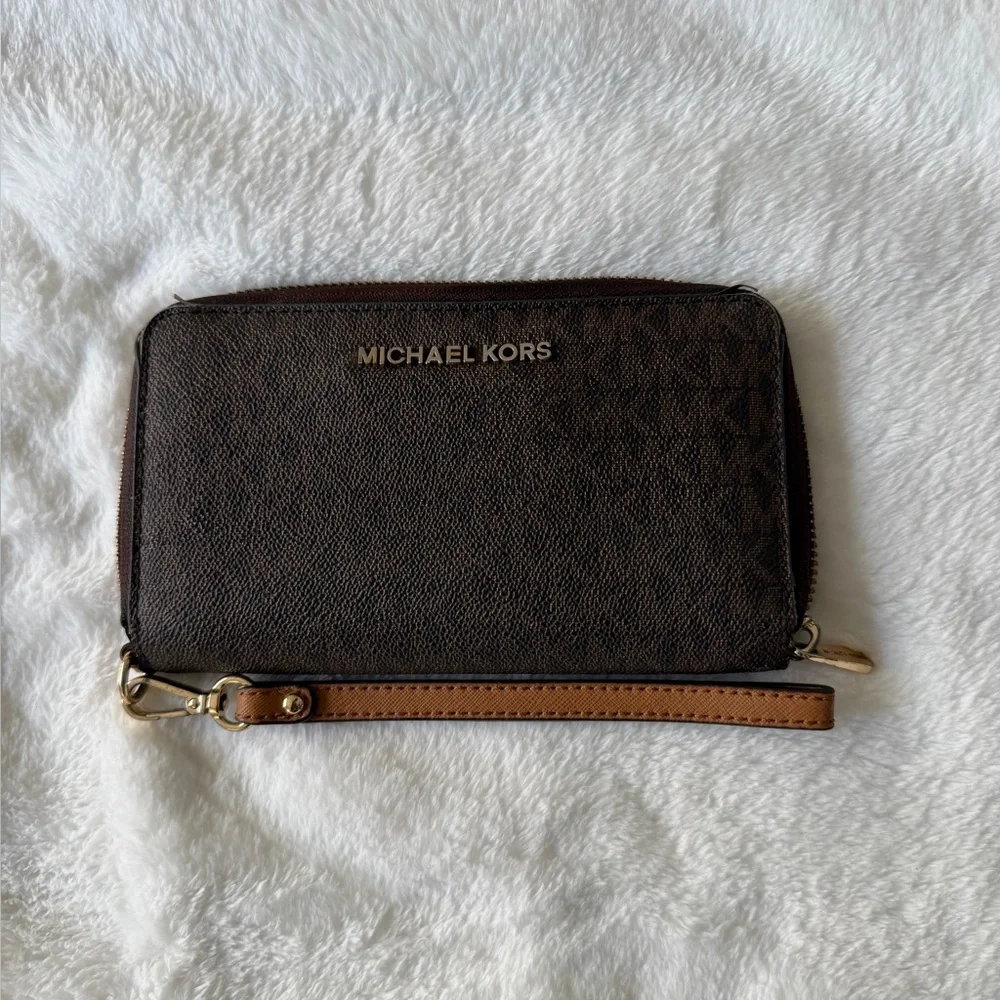 Michael Kors Dark Brown Wristlet/phone case with Gold Accents